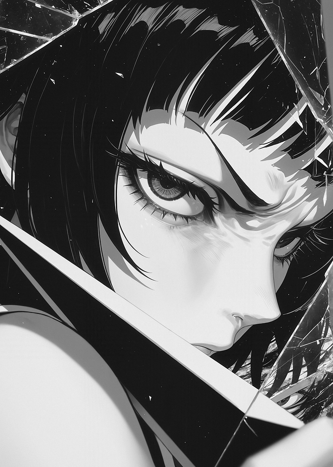 Monochrome Anime Girl with Intense Gaze