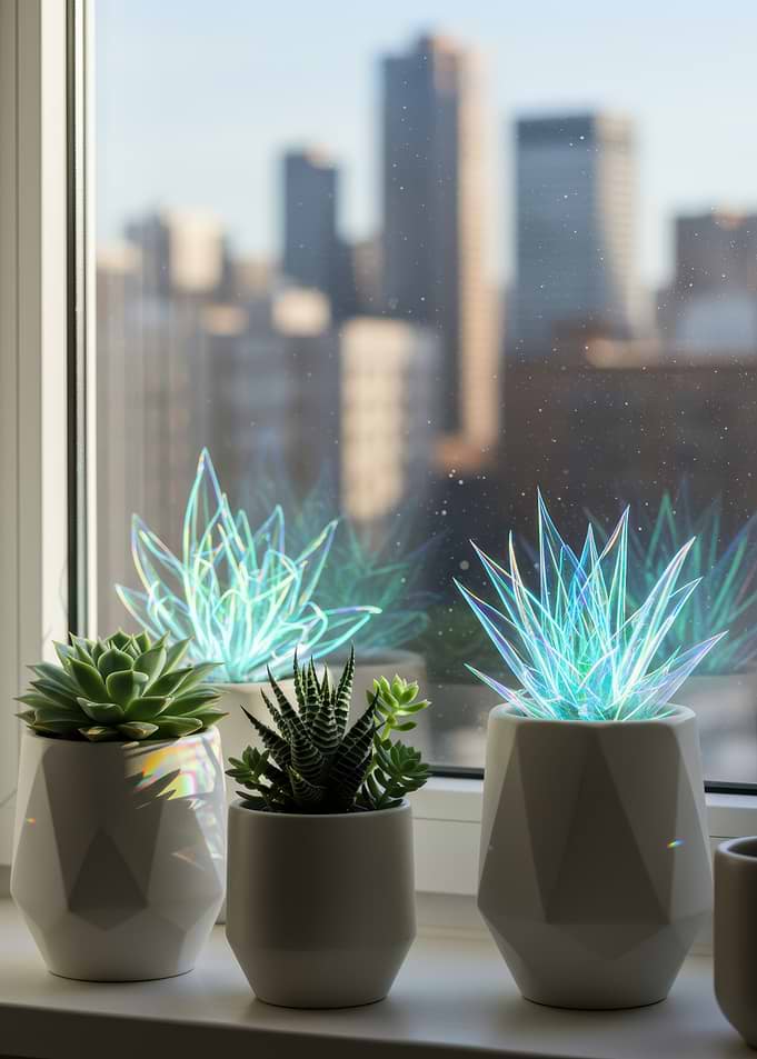Succulents with Neon Aura by Window