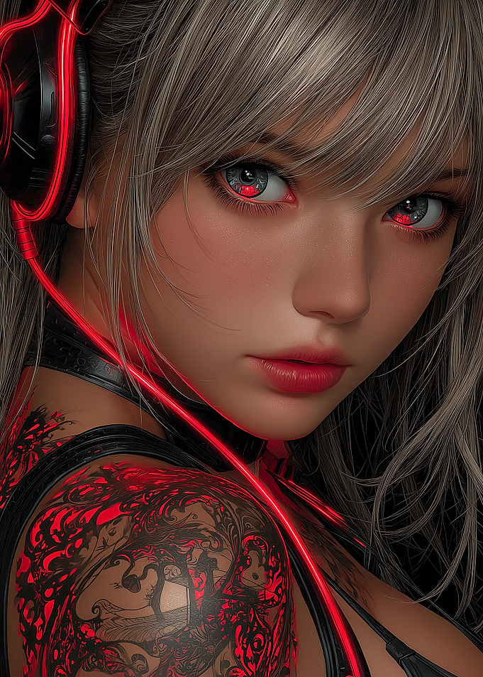 Cyberpunk Girl with Tattoo and Headphones