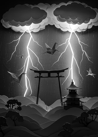Japanese Landscape with Origami Cranes