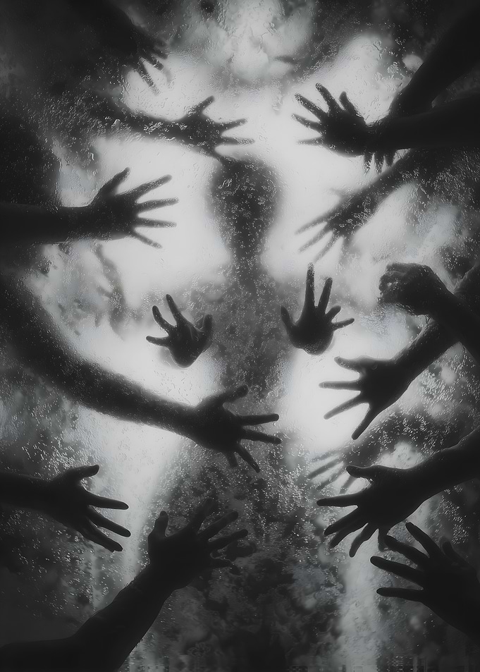 Monochrome Silhouette with Reaching Hands