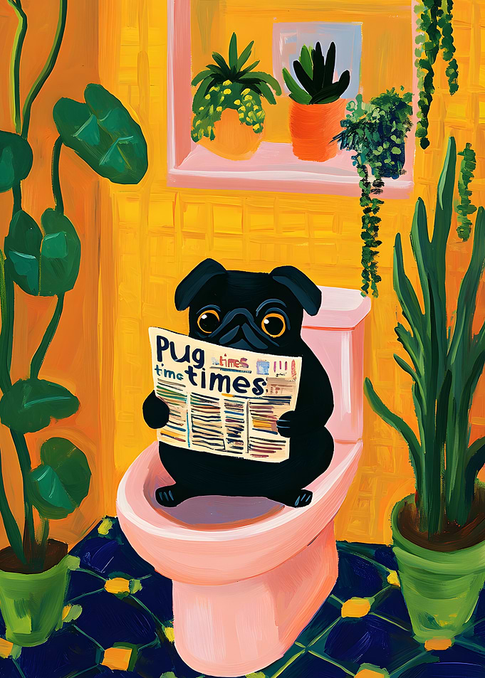 Pug Reading Newspaper on Toilet