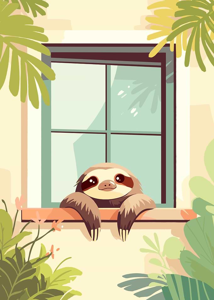 Cute Sloth in Window with Plants