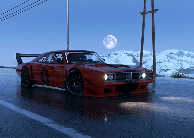 Red Race Car Under Moonlight