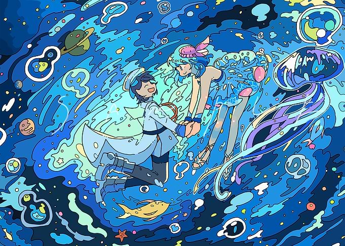Anime Couple in Underwater Space
