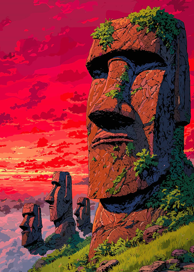 Moai Statues at Sunset