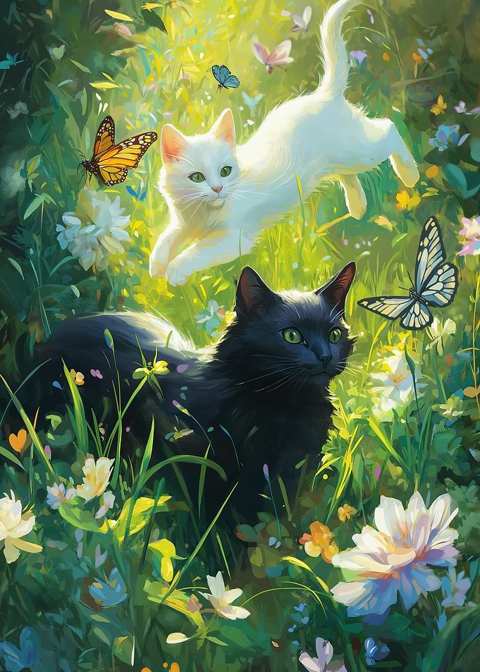 Cats and Butterflies in a Meadow