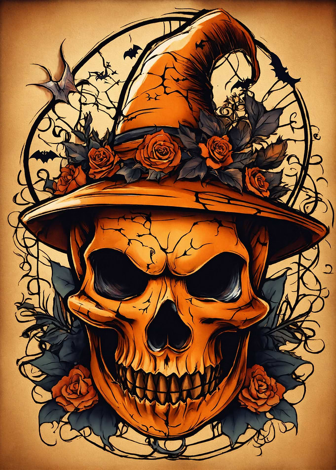 Halloween Skull with Witch Hat and Roses