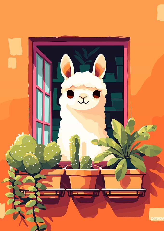 Llama in Window with Plants