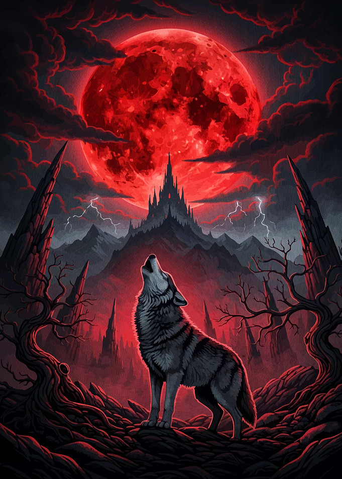 Howling Wolf Red Moon