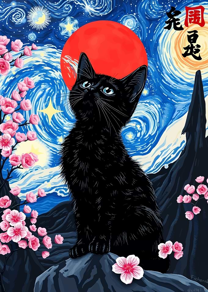 Black Cat in Starry Night Style