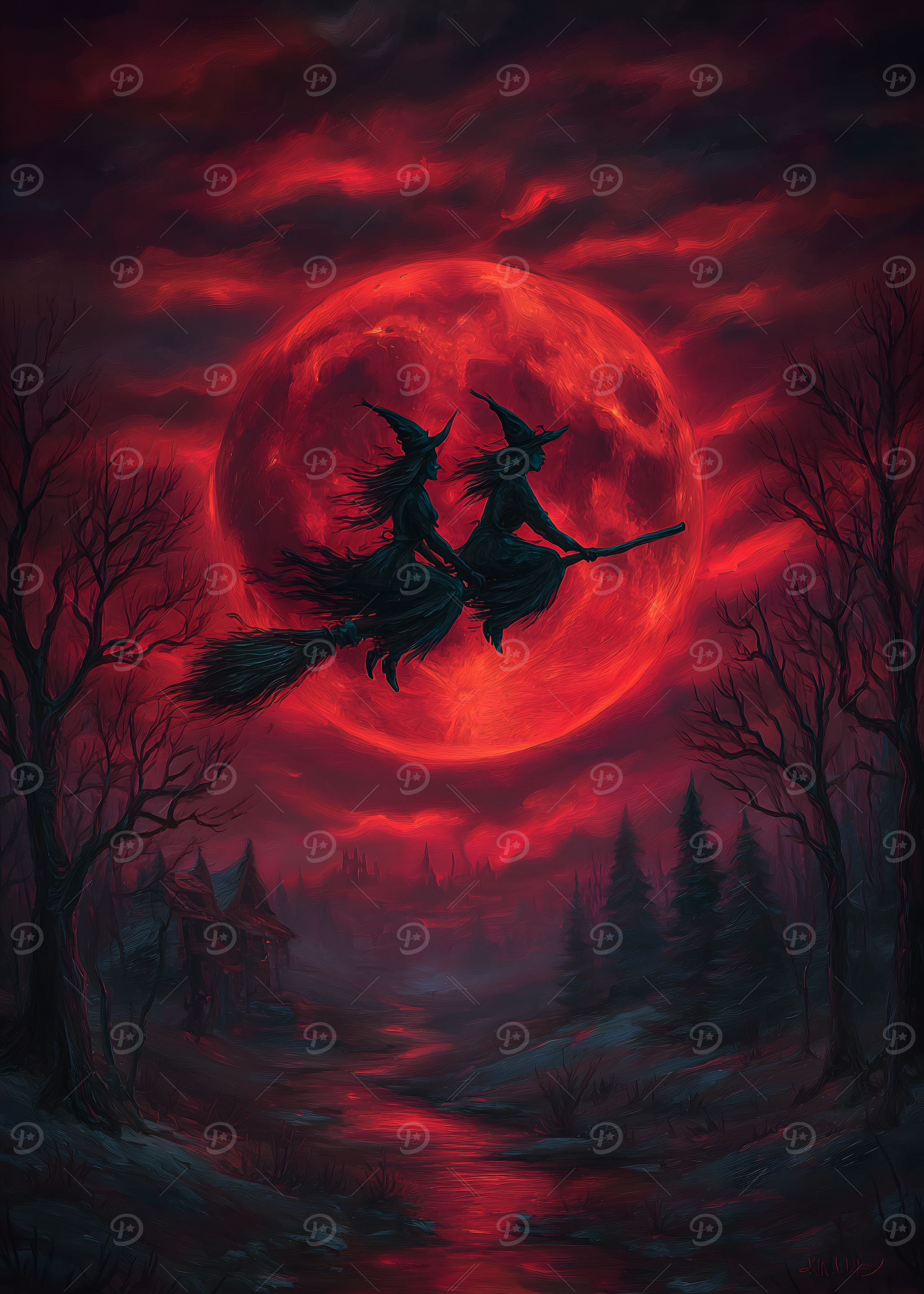 Witches Flying on Broomstick with Red Moon