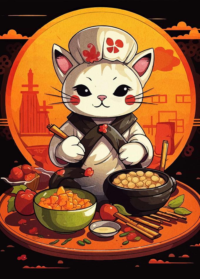 Cat Chef with Asian Cuisine