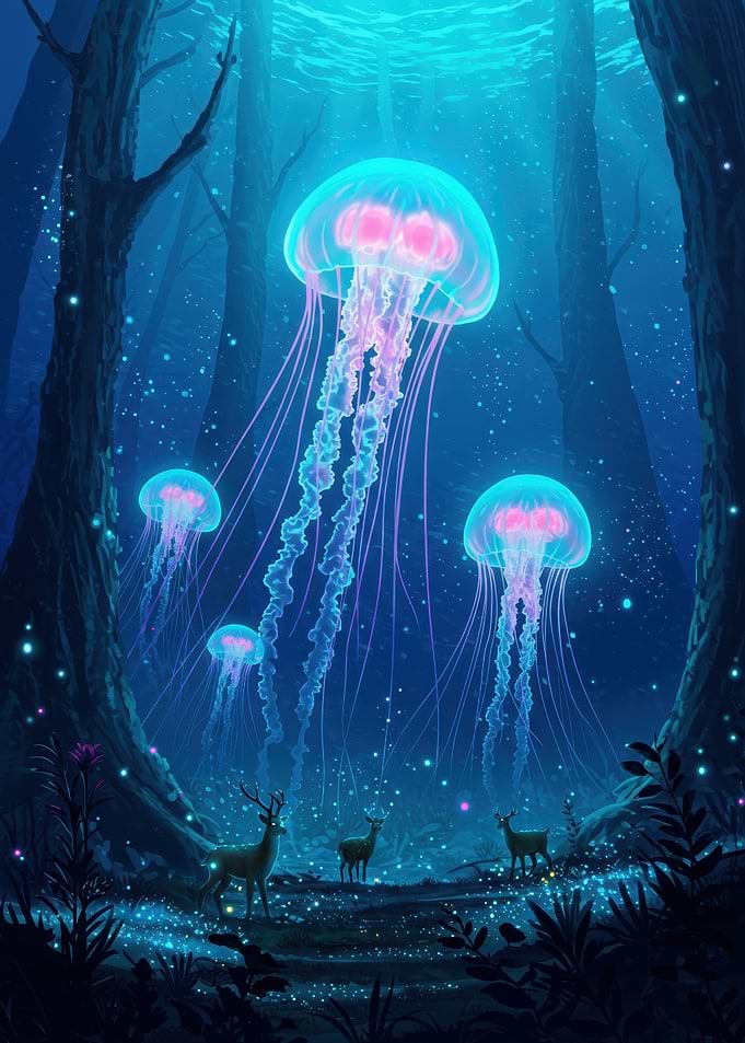 Enchanted Forest with Jellyfish and Deer