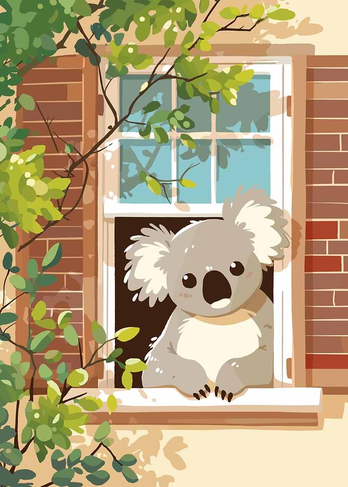 Cute Koala in Window Cartoon Illustration