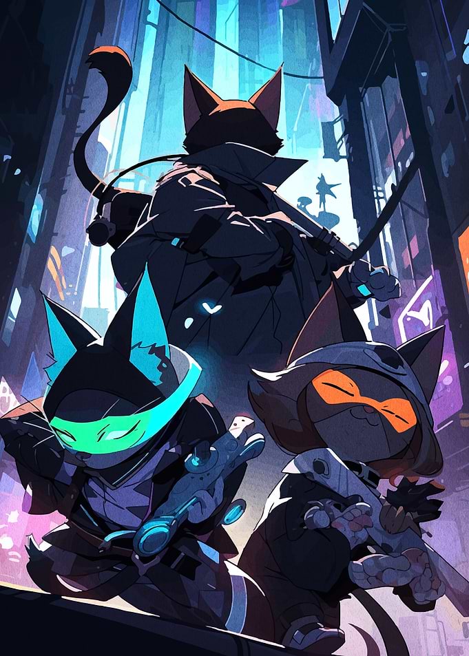 Cyberpunk Cat Crew in Cityscape