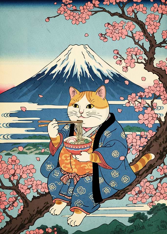 Ukiyo-e Cat Ramen Cherry Blossoms