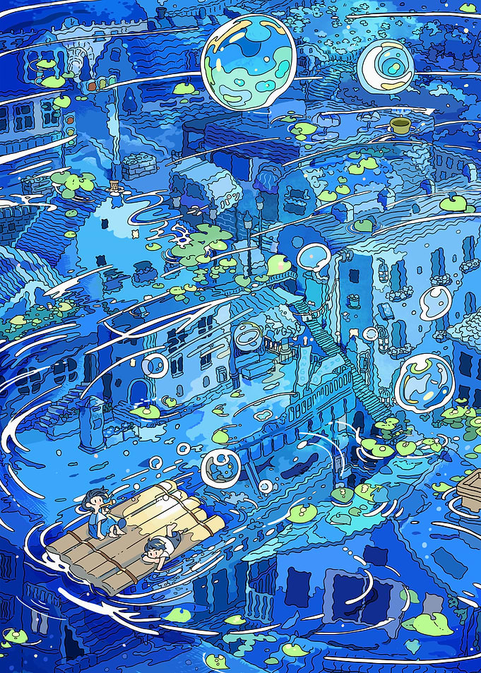 Flooded Cityscape with Raft and Bubbles