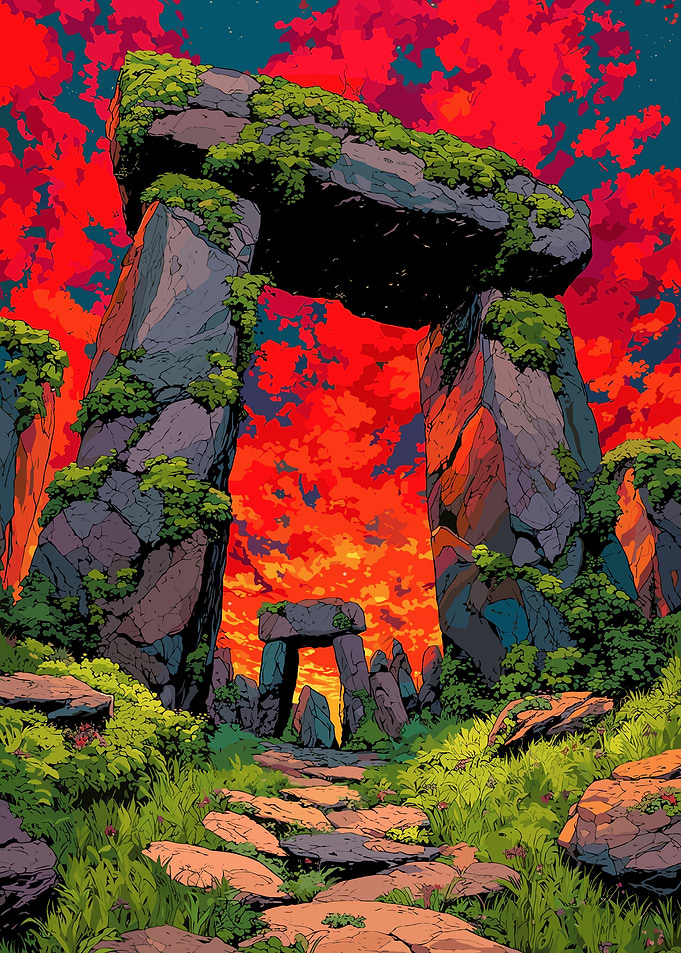 Stonehenge-like structure with vibrant sky