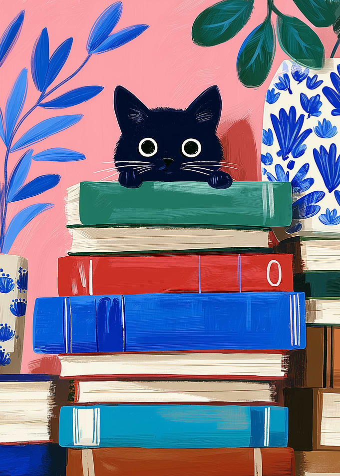 Black Cat on Books Illustration