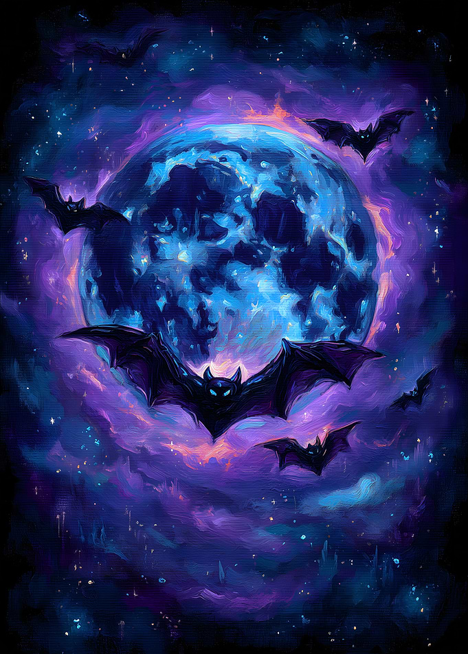 Bats Flying in Front of Moon