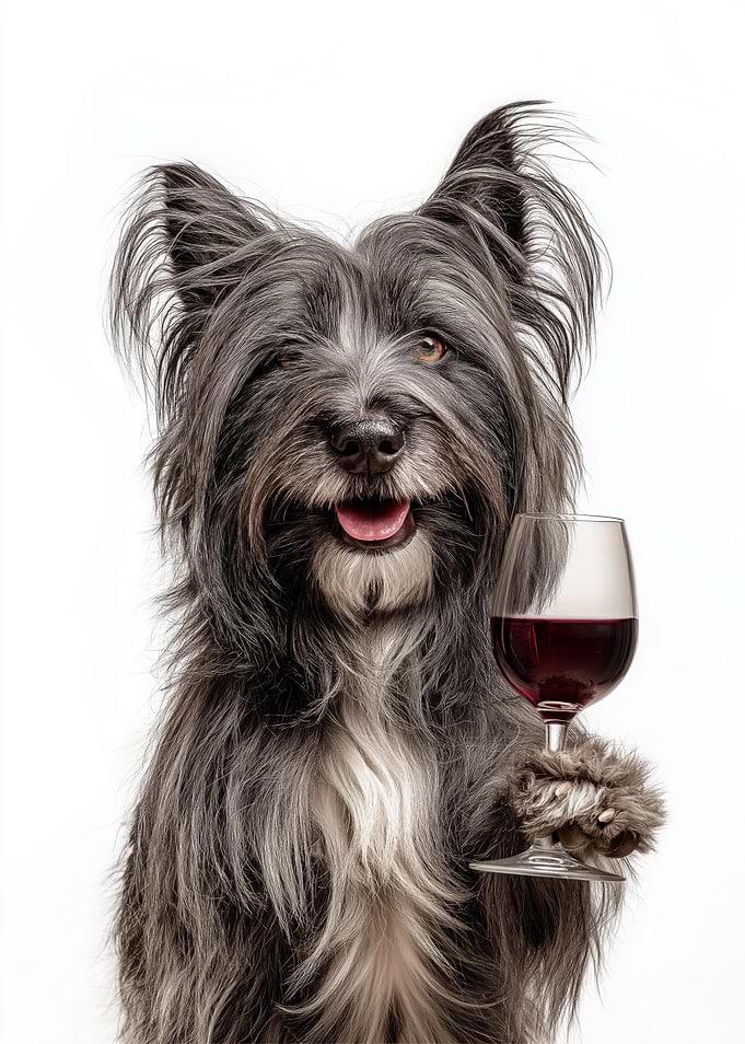 Skye Terrier dog with Wine Glass Portrait