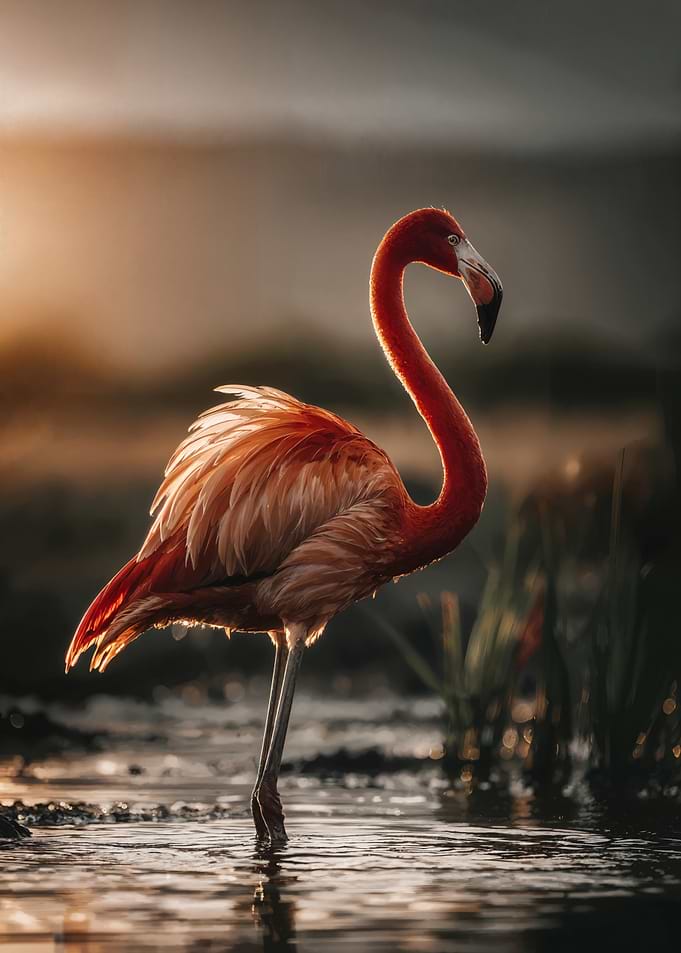 Flamingo in Water at Sunset