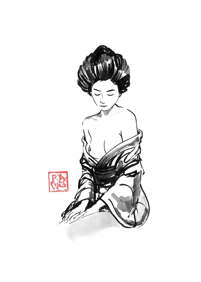 Ink Drawing of a Geisha