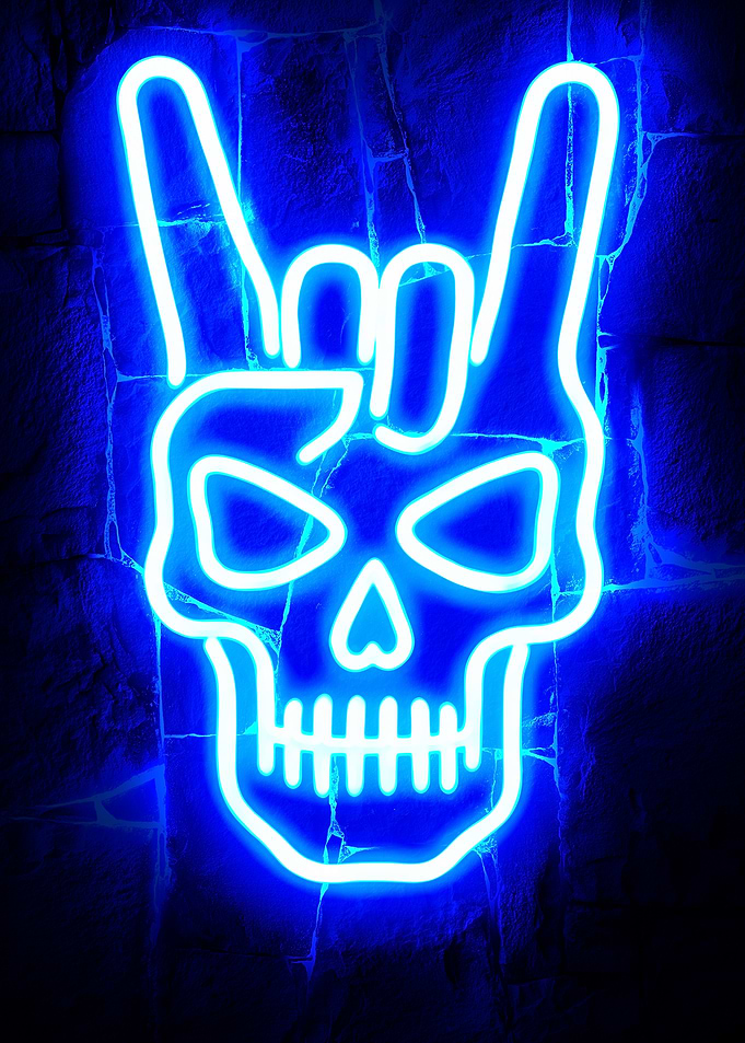 Blue Neon Skull Rock On Sign