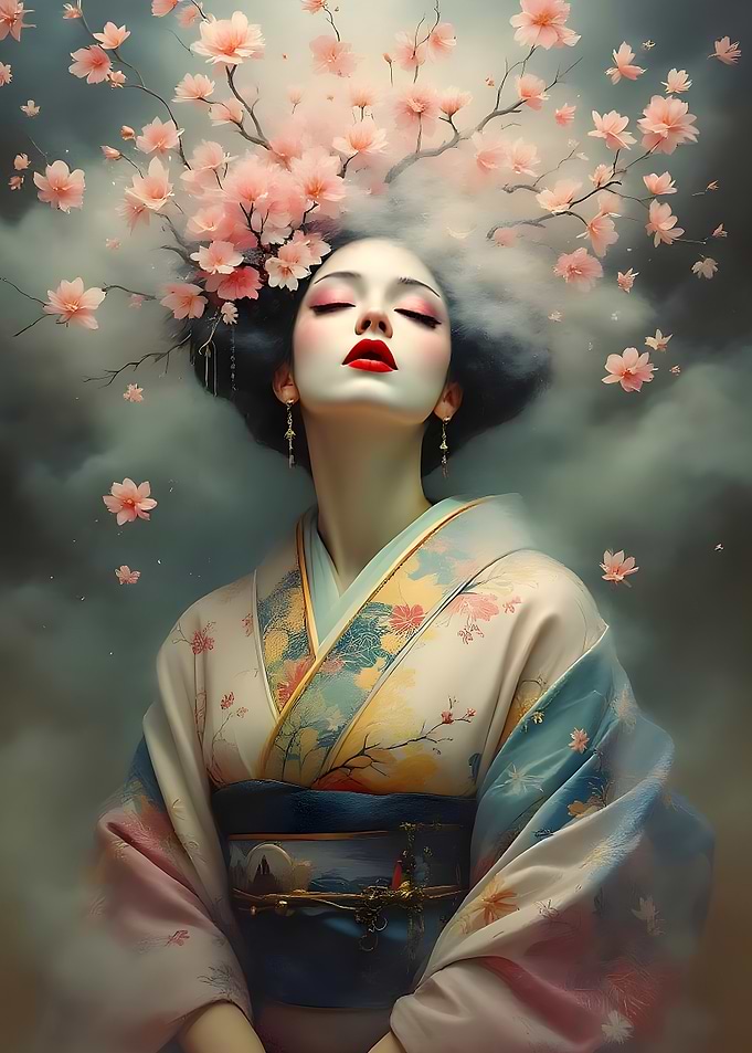 Surreal Geisha Painting with Cherry Blossoms