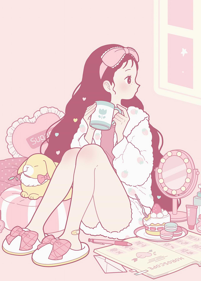 Pink Room Girl with Coffee