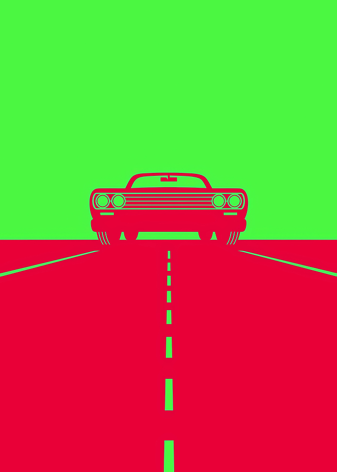 Red Car on Road, Green Background