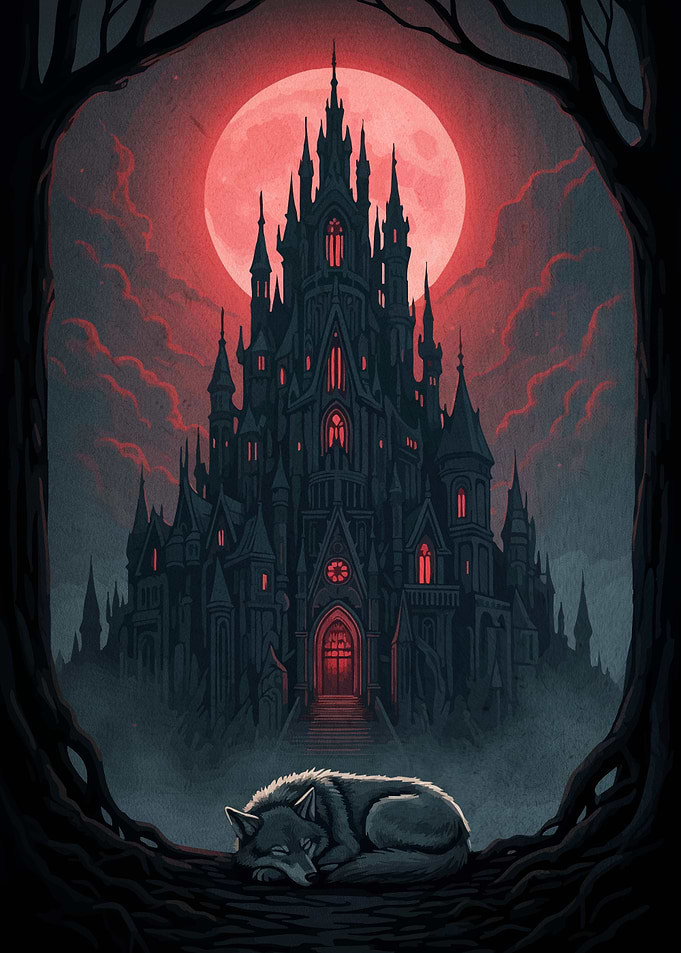 Gothic Castle Wolf Red Moon