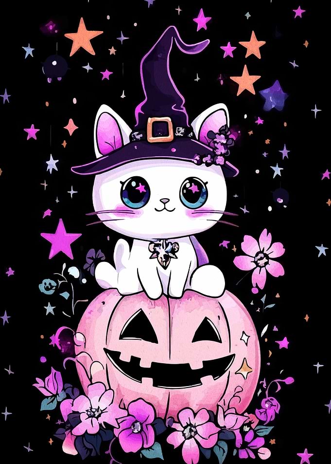 Halloween Cat Witch on Pumpkin