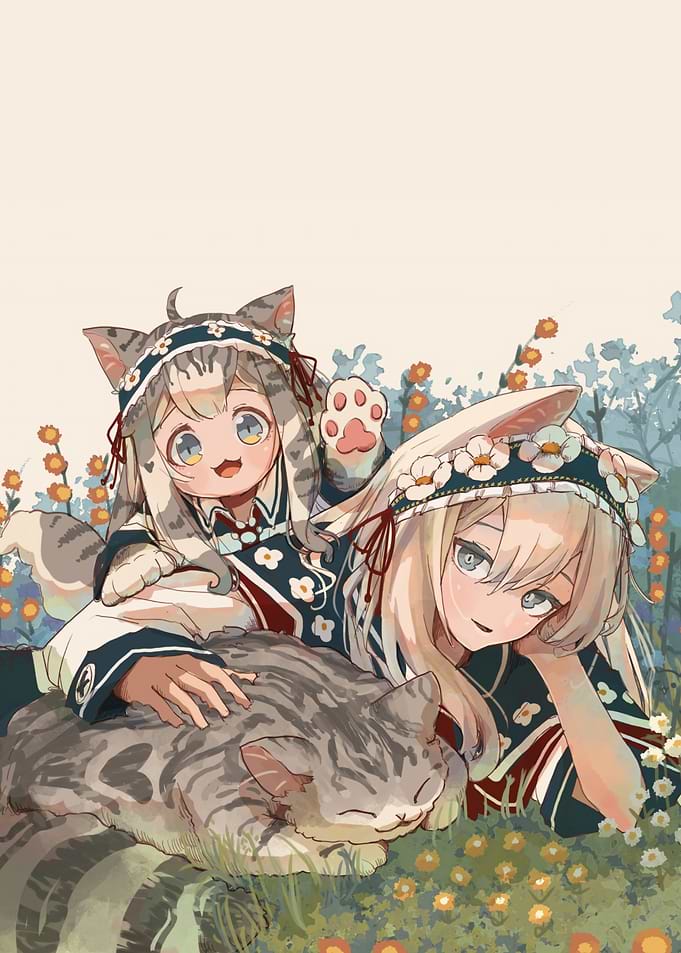 Anime Girls with Cat and Flowers