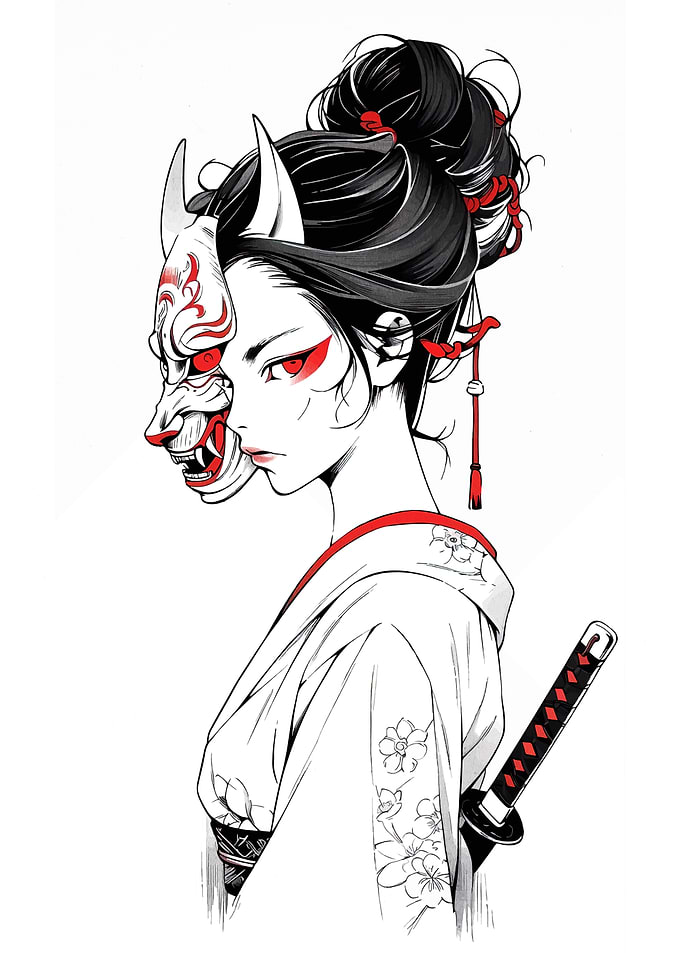 Geisha with Oni Mask Digital Art