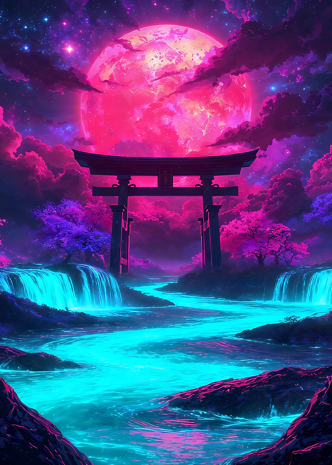 Neon Torii Under a Crimson Moon