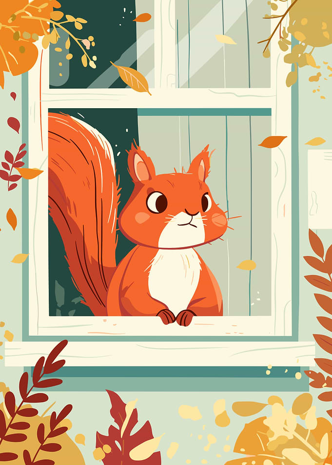 Cartoon Squirrel at Window in Autumn