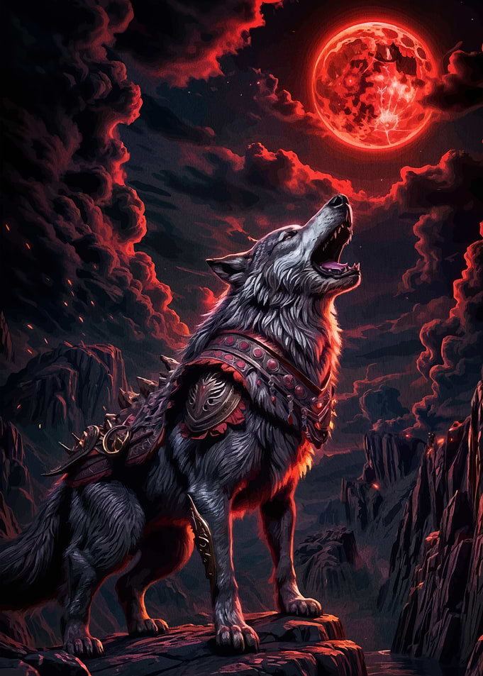 Armored Wolf Howling Red Moon