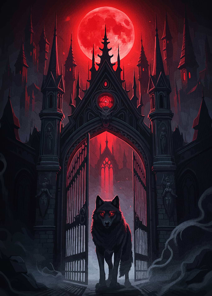 Wolf in front gothic castle gate