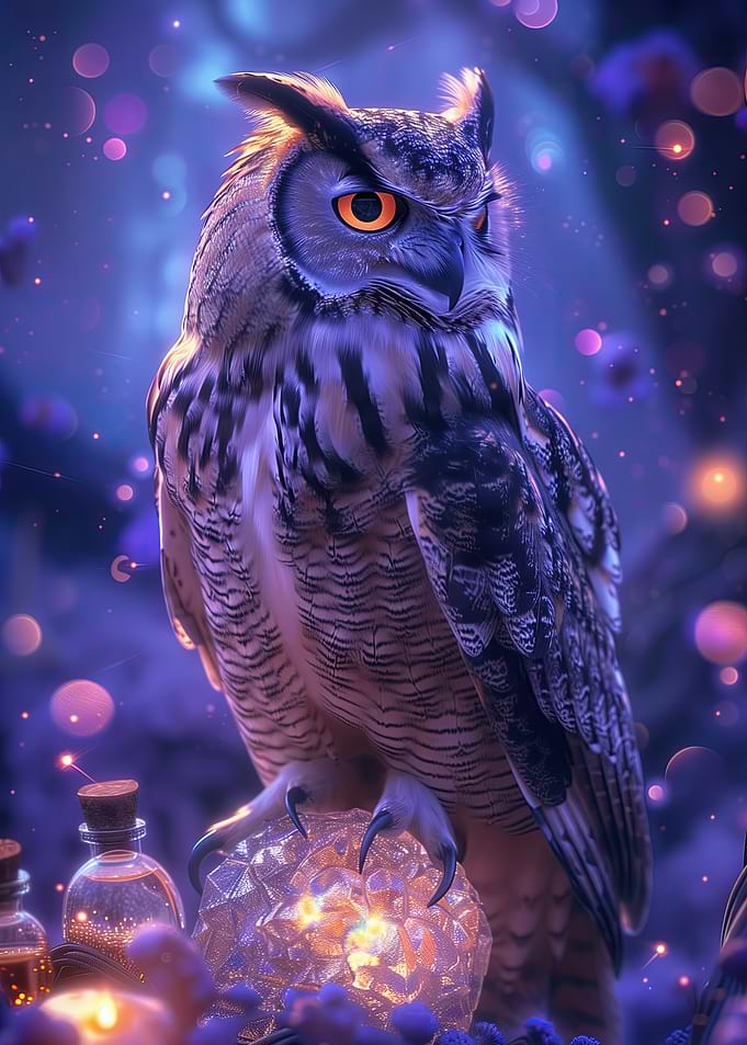 Mystical Owl Perched on Crystal Orb
