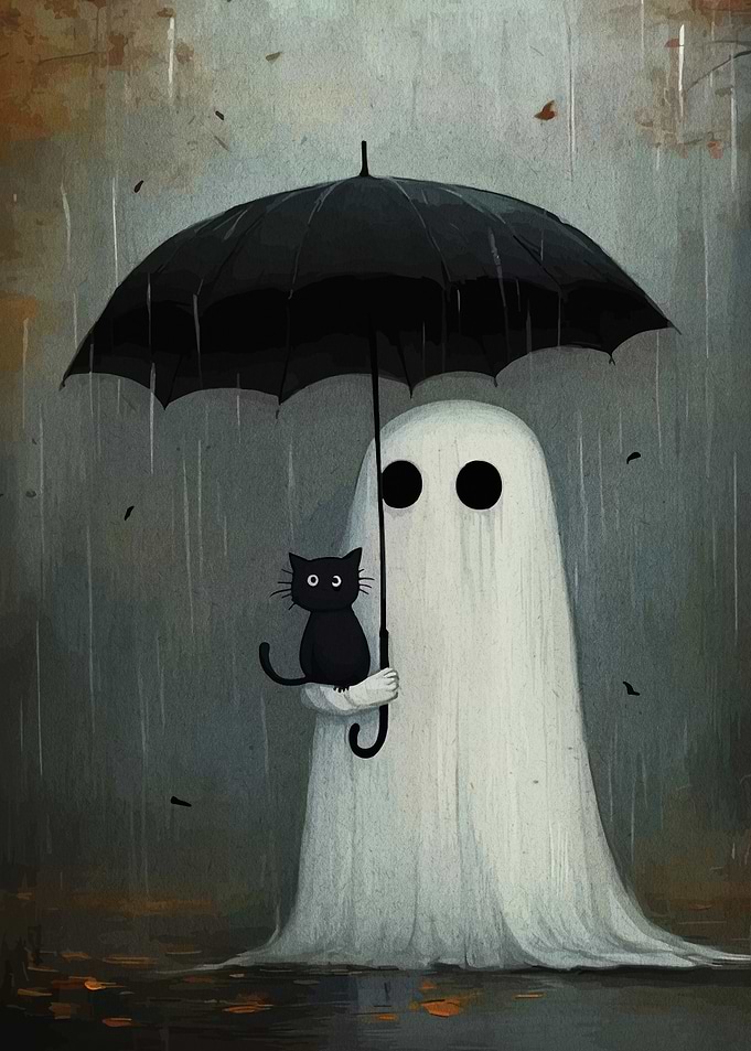 Ghost, Cat, and Umbrella in the Rain