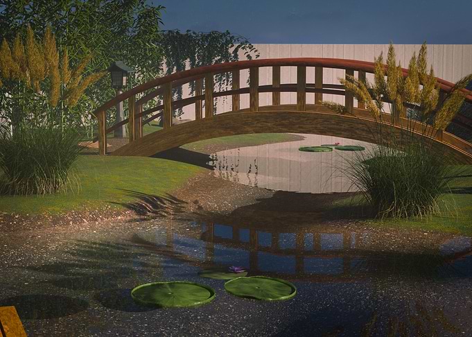 Japanese Garden with Bridge and Pond