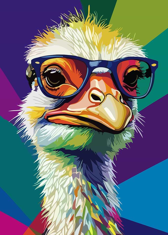 Colorful Ostrich Portrait with Glasses