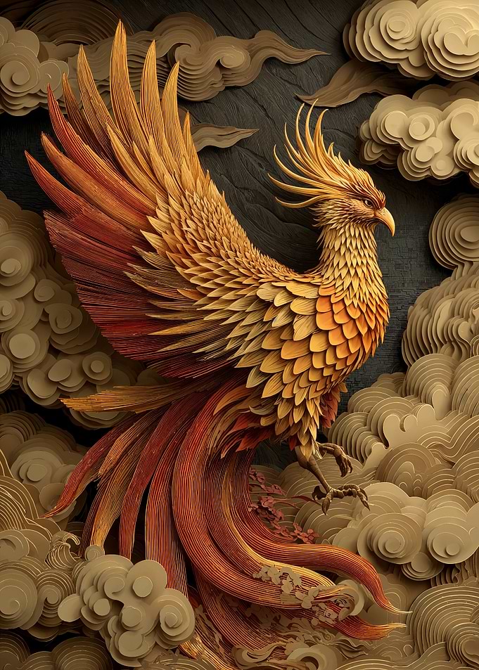 Golden Phoenix Rising Amidst Clouds