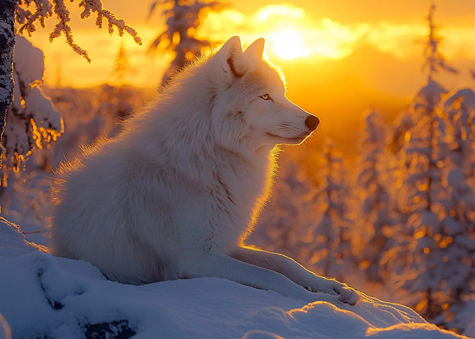 White Wolf in Winter Sunset