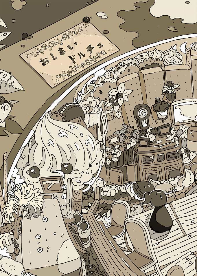 Sepia-toned Dessert Shop Illustration