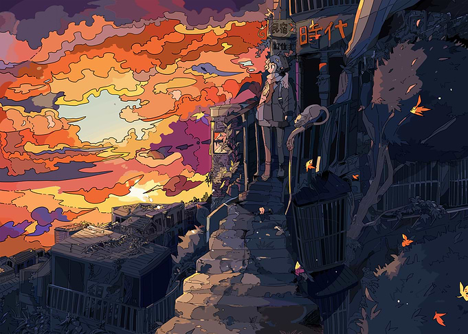 Anime Girl at Sunset in Japanese Town