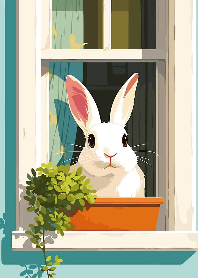 Rabbit in Window with Plant