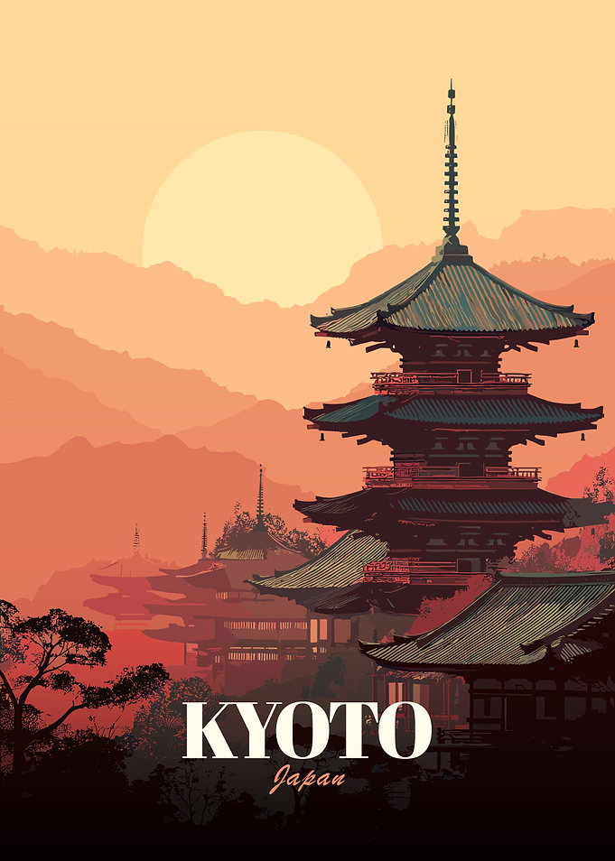 Kyoto Japan Pagoda Sunset Art
